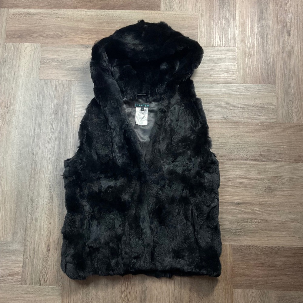 Jocelyn Real Rex Rabbit Fur Hooded Lined Luxury Glam Vest Womens Large Black